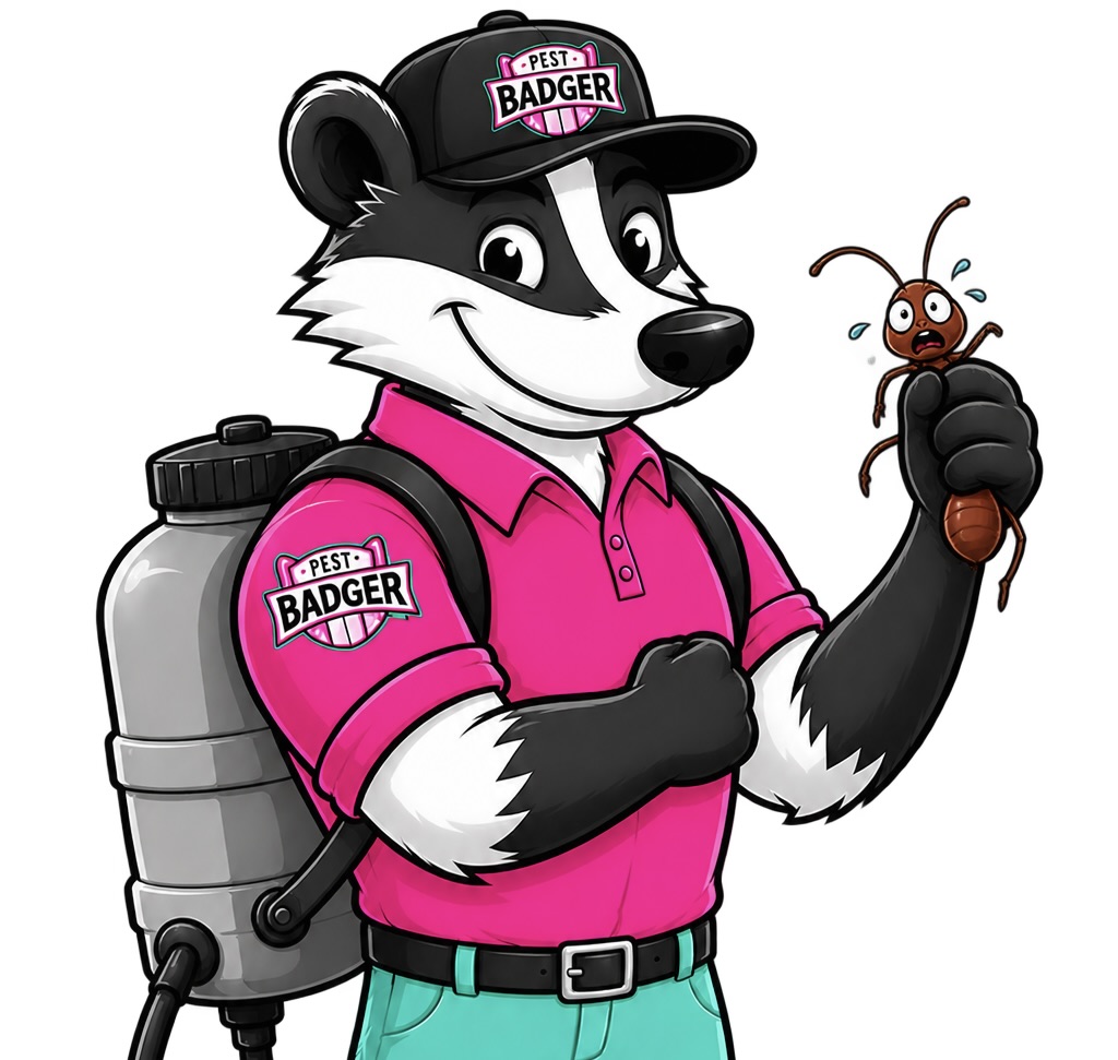 Pest Badger mascot suited up with a backpack sprayer, next to the Pest Badger badge